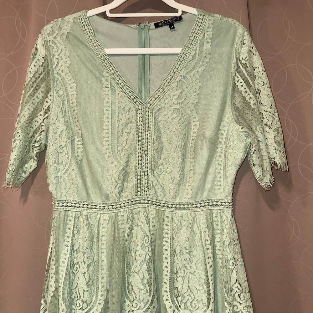 Glitzy Girlz Womens Chic Mint Lace Sheer Sleeves Mini Dress NWOT Size Large - Picture 2 of 5